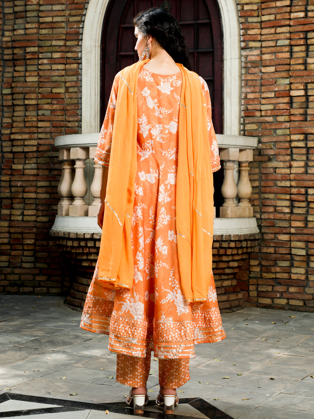 Mustard Floral Print Flared Kurta With Pants And Dupatta