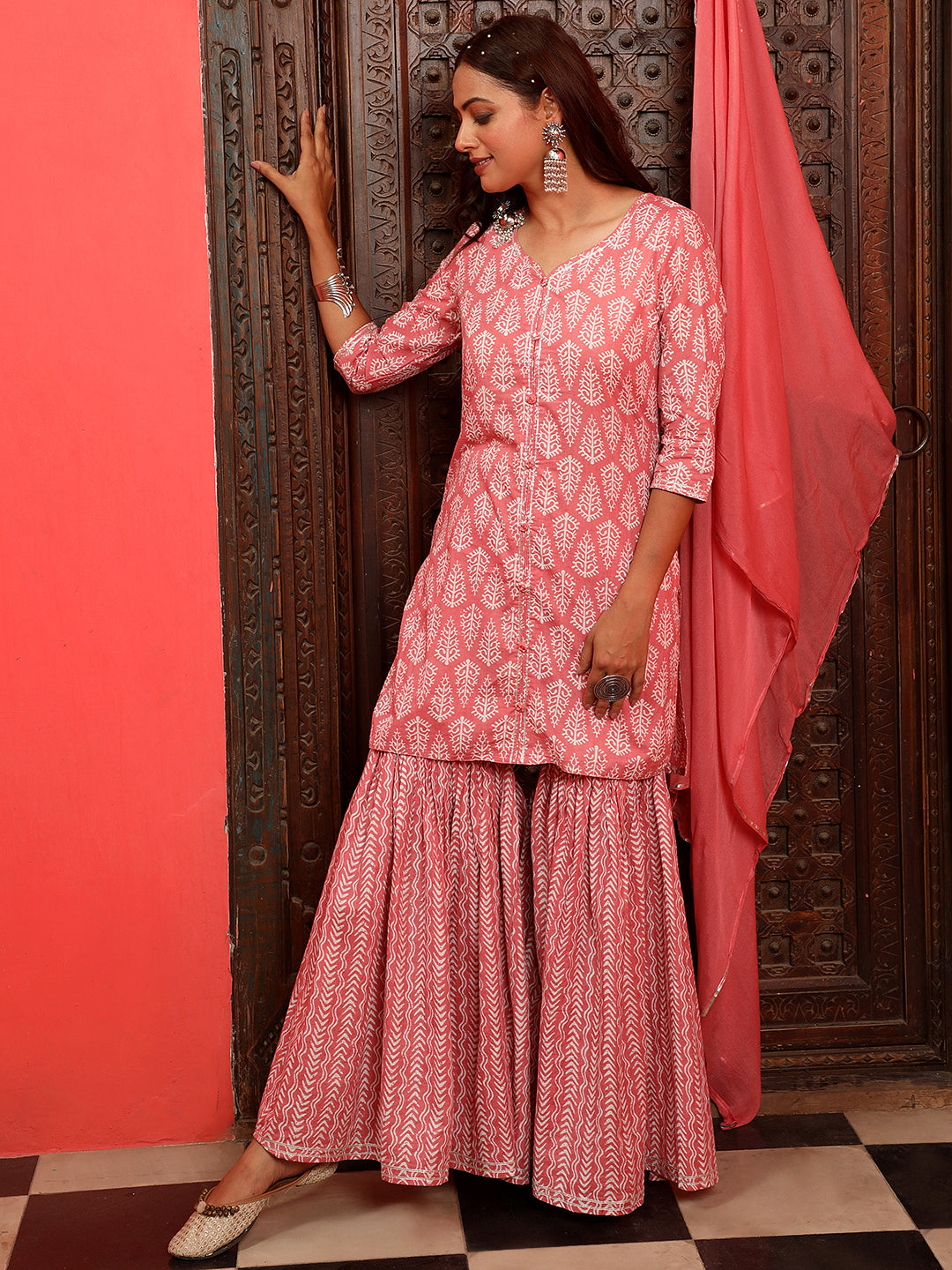 Pink Ethnic Printed Straight Kurta With Sharara And Chiffon Dupatta