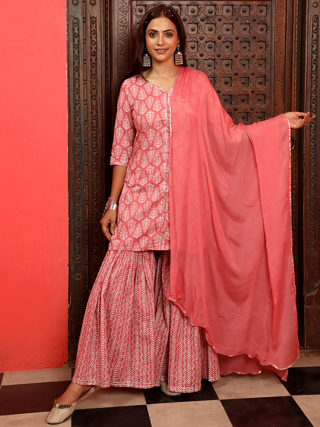 Pink Ethnic Printed Straight Kurta With Sharara And Chiffon Dupatta