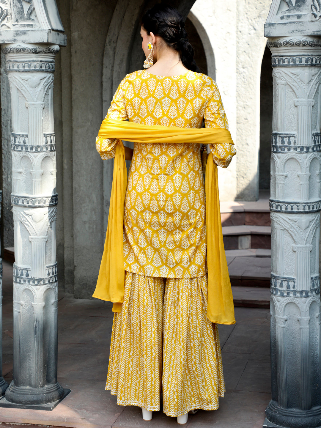 Yellow Ethnic Printed Straight Kurta With Sharara And Chiffon Dupatta