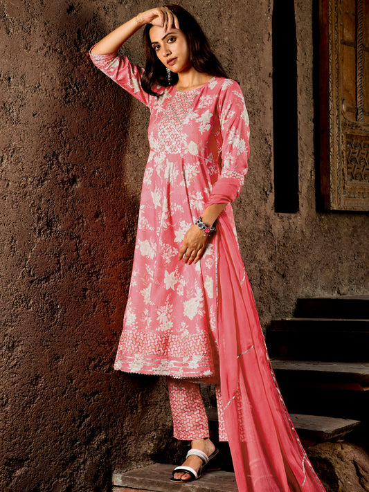 Peach Floral Print Flared Kurta With Pants And Dupatta