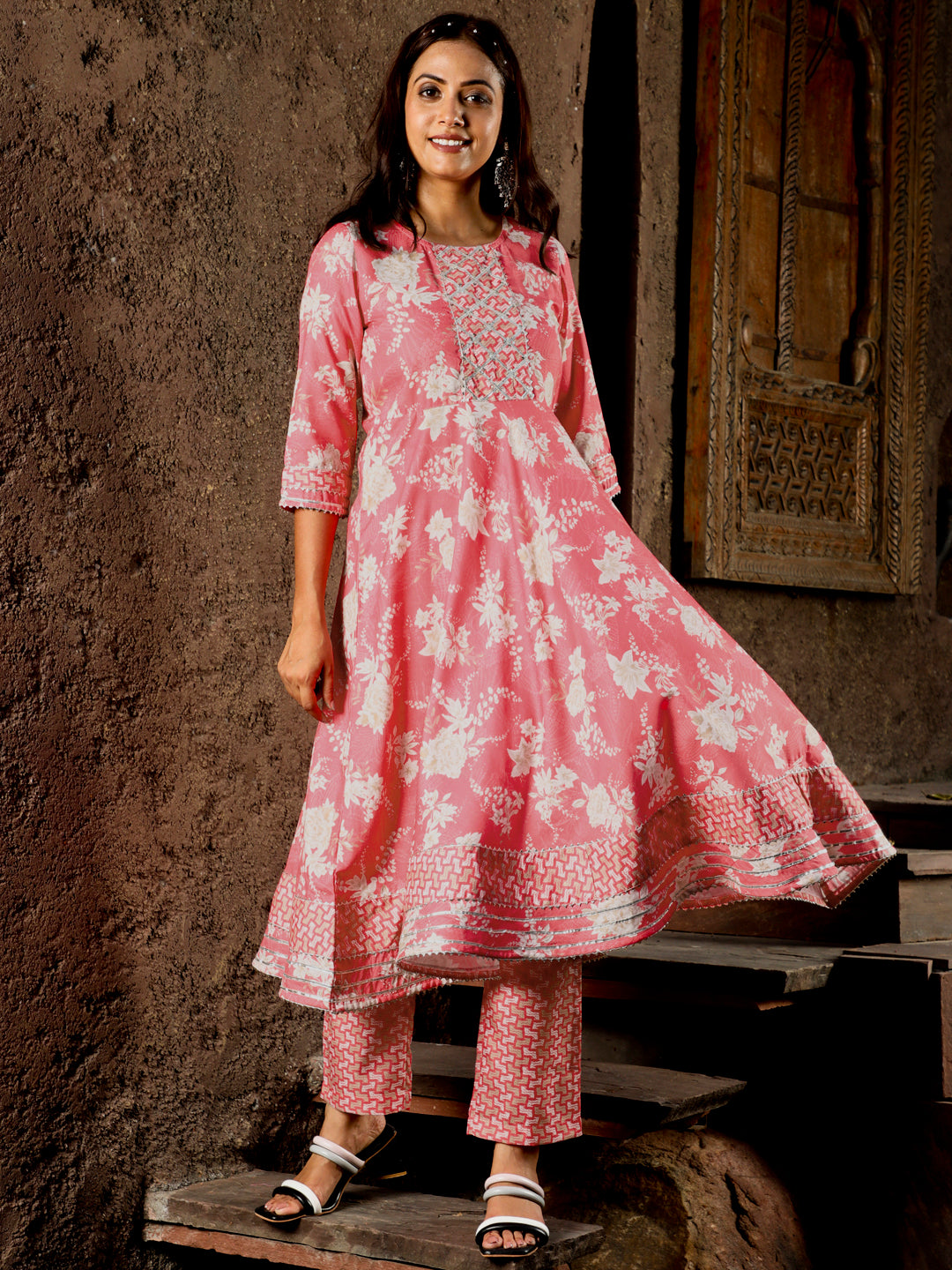 Peach Floral Print Flared Kurta With Pants And Dupatta