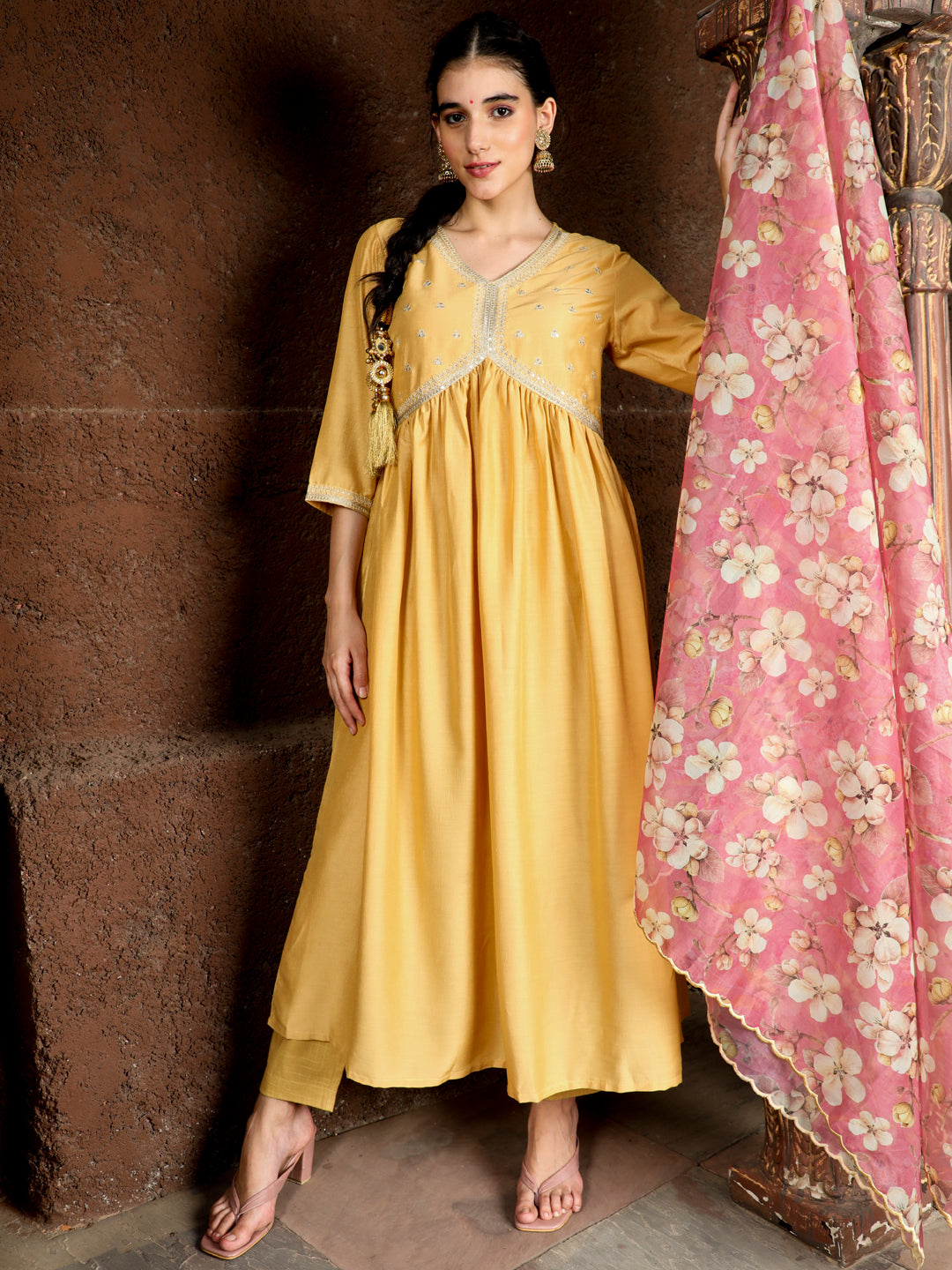 Yellow Art Silk Flared Kurta With Floral Printed Organza Dupatta