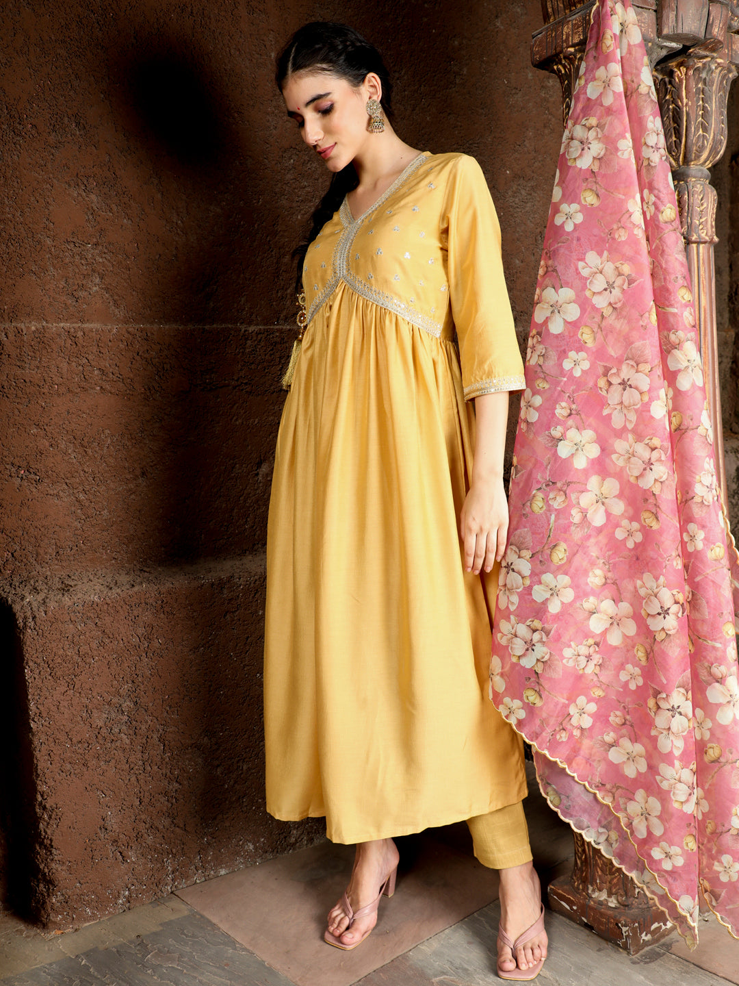 Yellow Art Silk Flared Kurta With Floral Printed Organza Dupatta