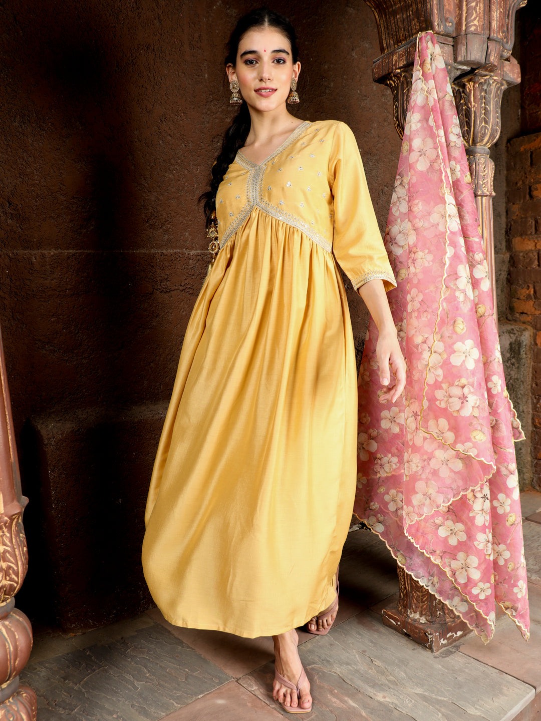 Yellow Art Silk Flared Kurta With Floral Printed Organza Dupatta