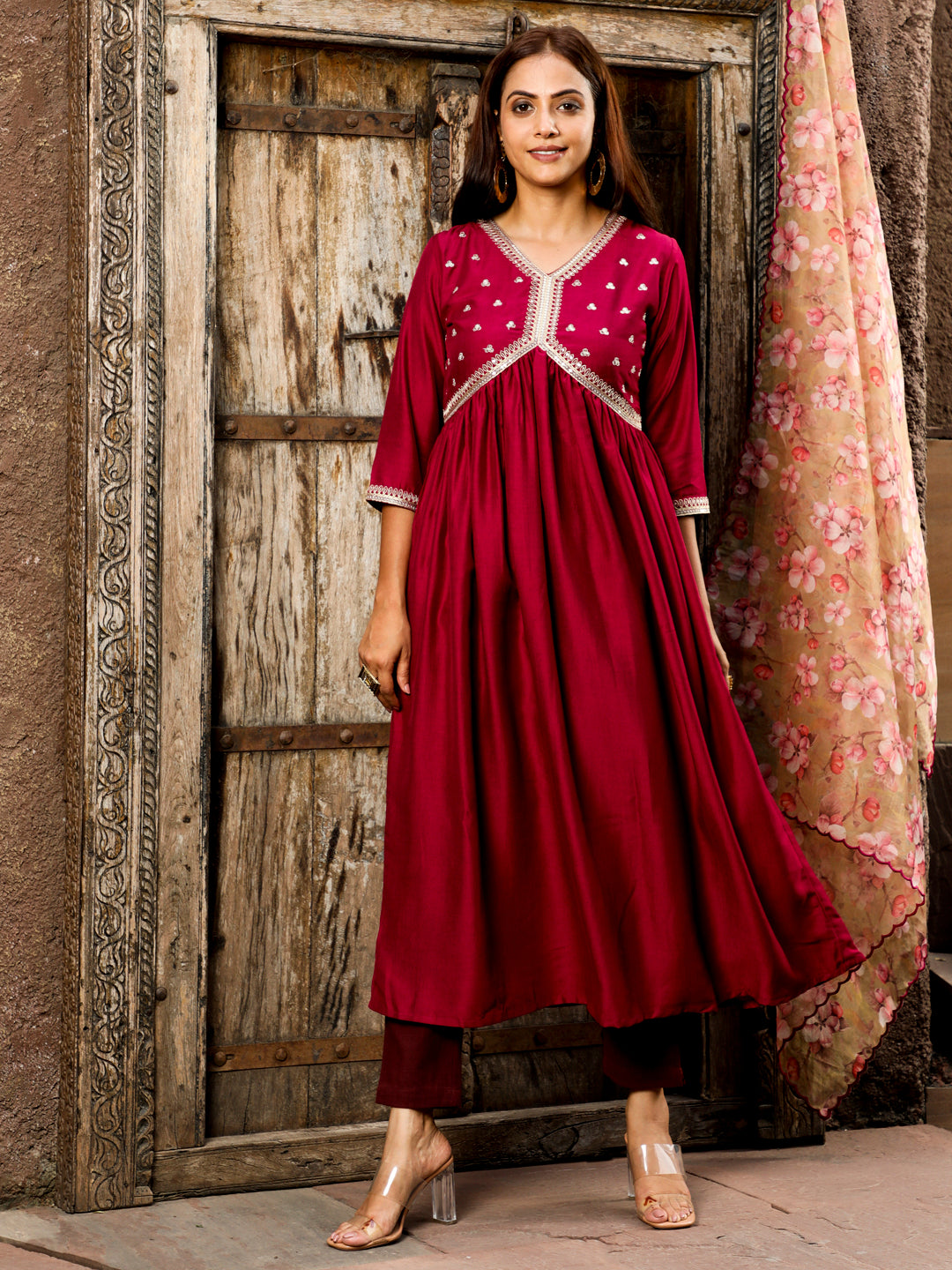 Wine Art Silk Flared Kurta With Floral Printed Organza Dupatta