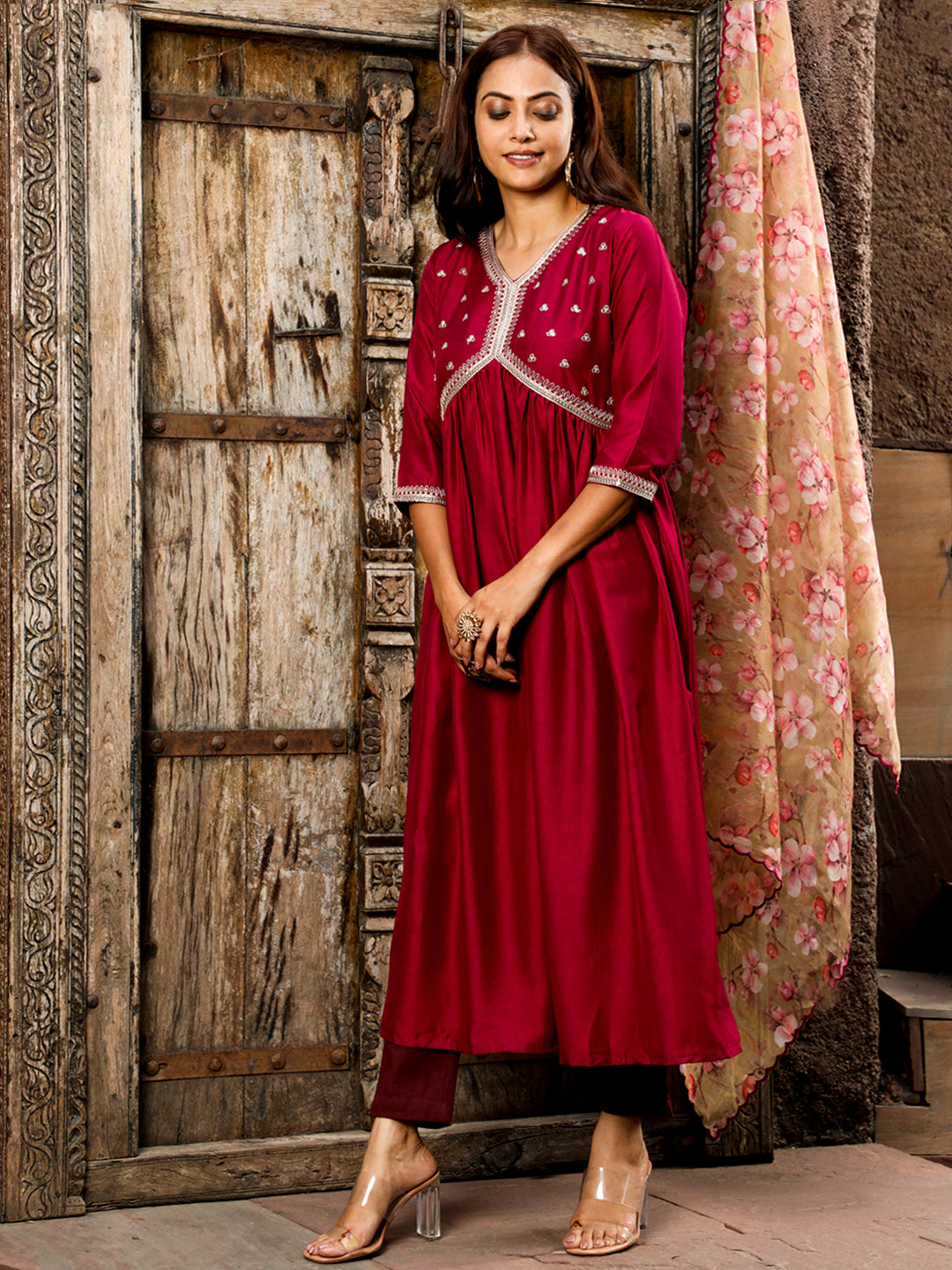 Wine Art Silk Flared Kurta With Floral Printed Organza Dupatta