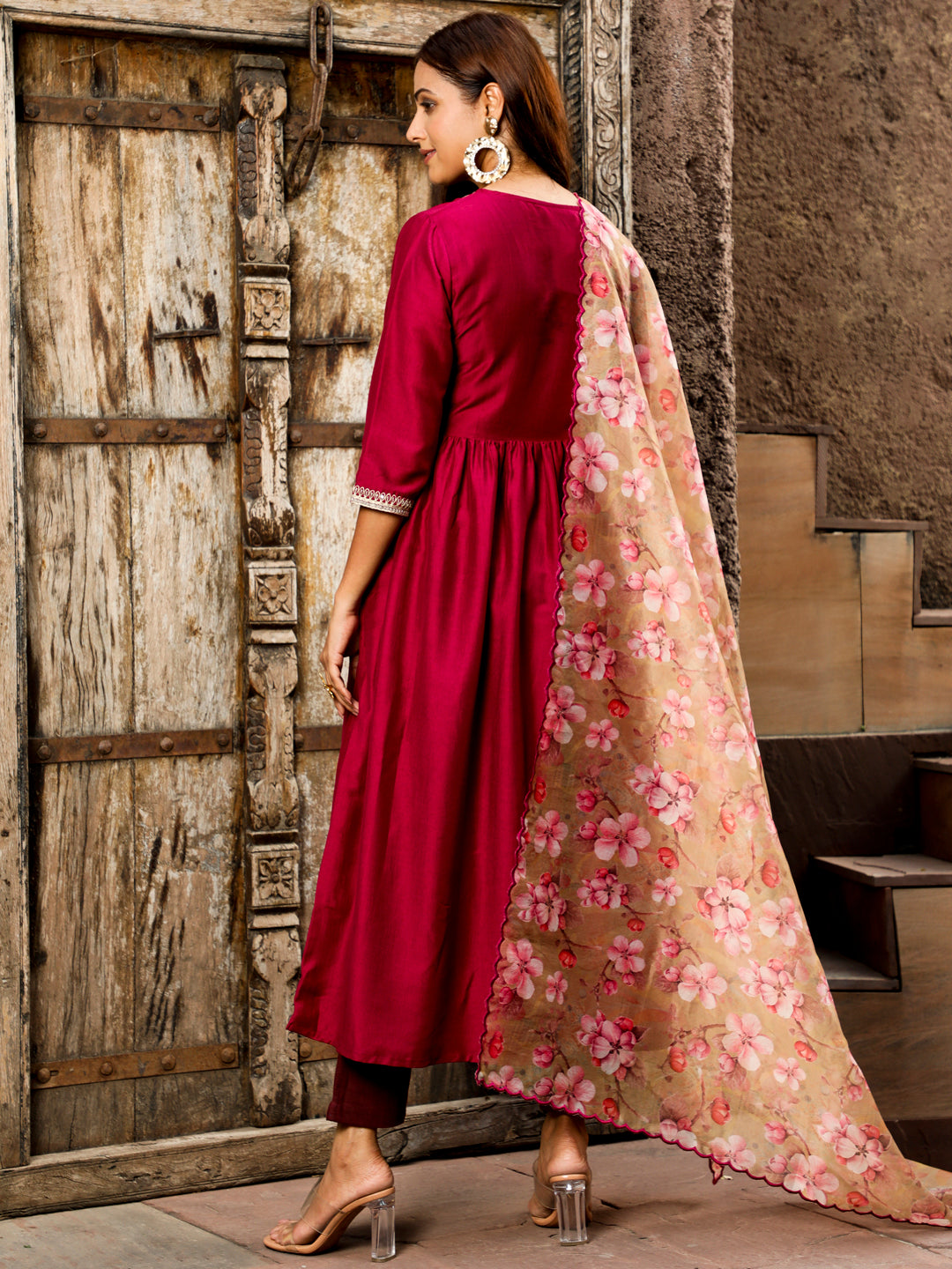 Wine Art Silk Flared Kurta With Floral Printed Organza Dupatta