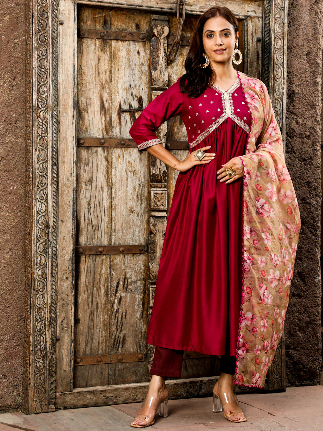 Wine Art Silk Flared Kurta With Floral Printed Organza Dupatta