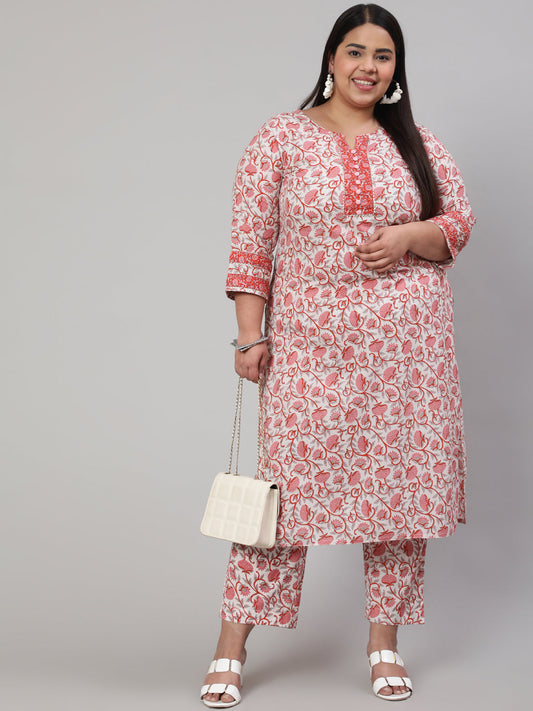 White & Pink Printed Straight Kurta Paired With Printed Palazzo