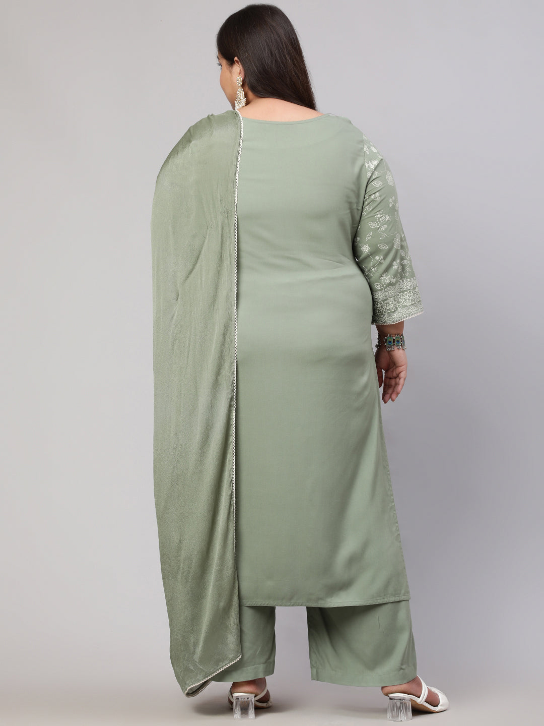 Plus Size Olive Green Placement Printed Straight Kurta With Solid Palazzo And Chinon Dupatta