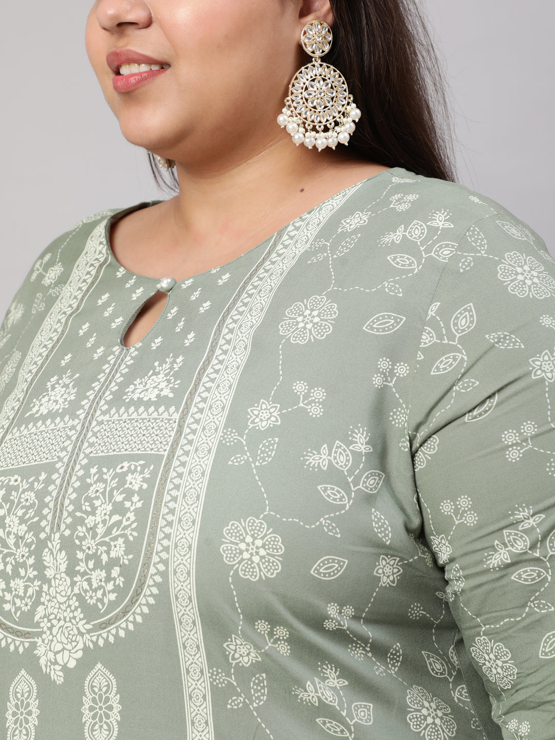 Plus Size Olive Green Placement Printed Straight Kurta With Solid Palazzo And Chinon Dupatta