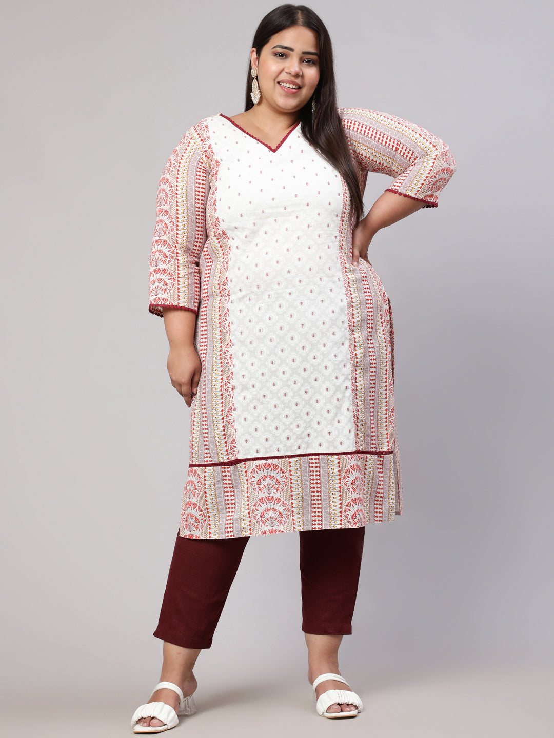 Plus Size White and Maroon Ethnic Printed Straight Kurta