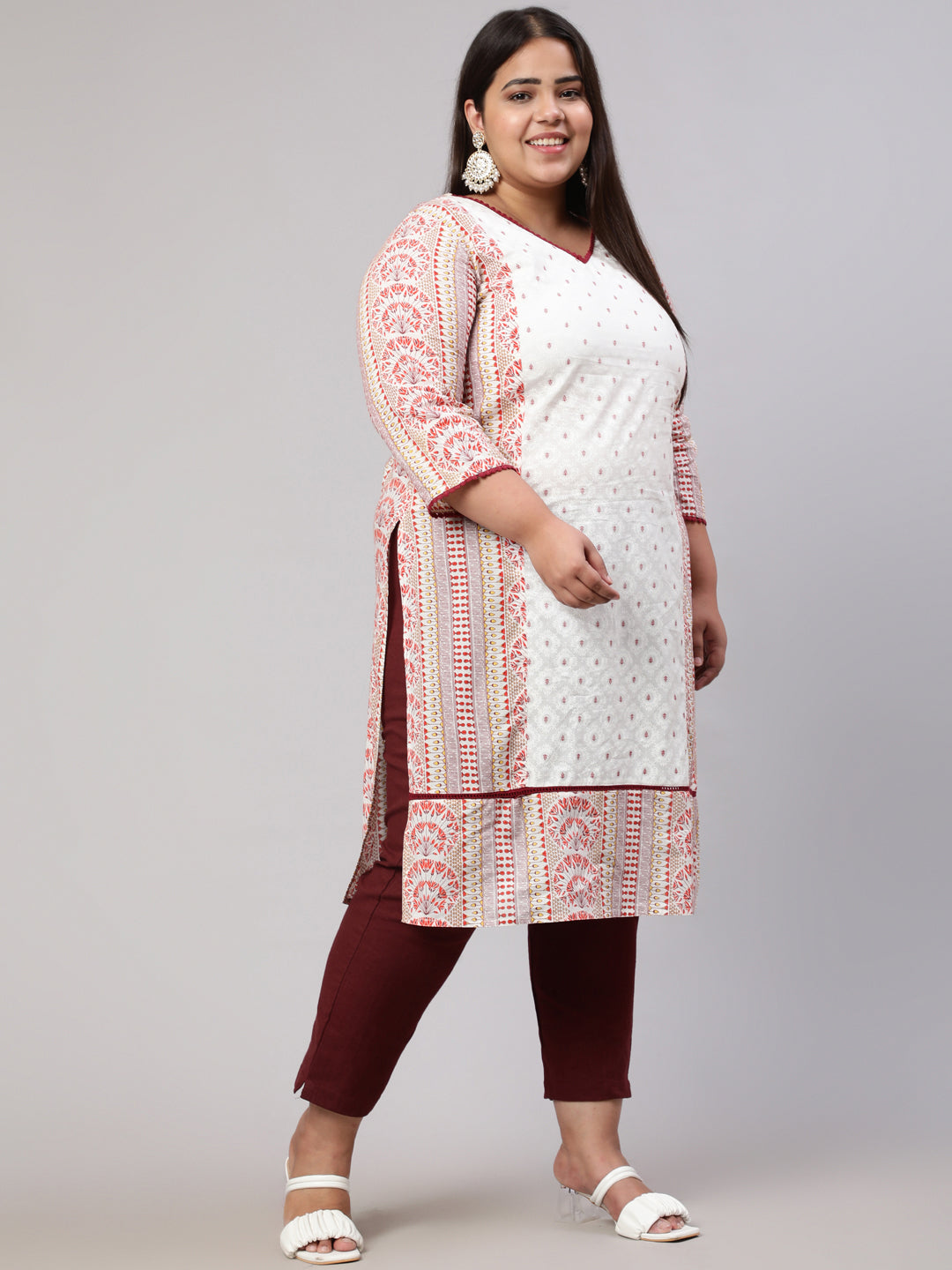 Plus Size White and Maroon Ethnic Printed Straight Kurta