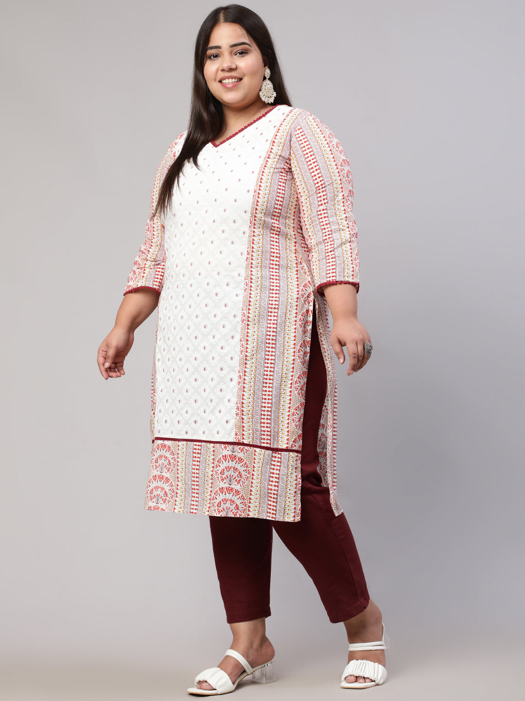 Plus Size White and Maroon Ethnic Printed Straight Kurta