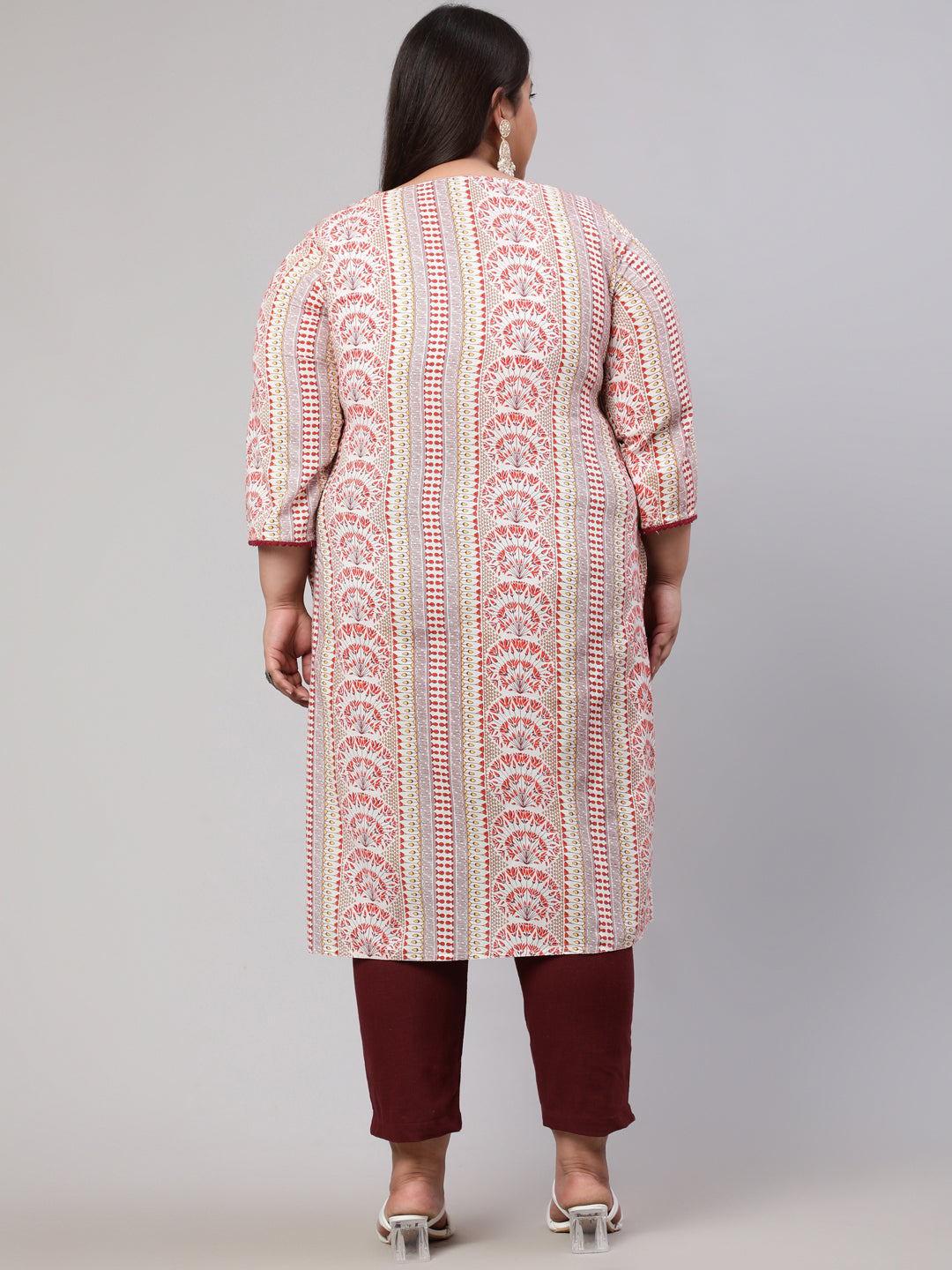 Plus Size White and Maroon Ethnic Printed Straight Kurta