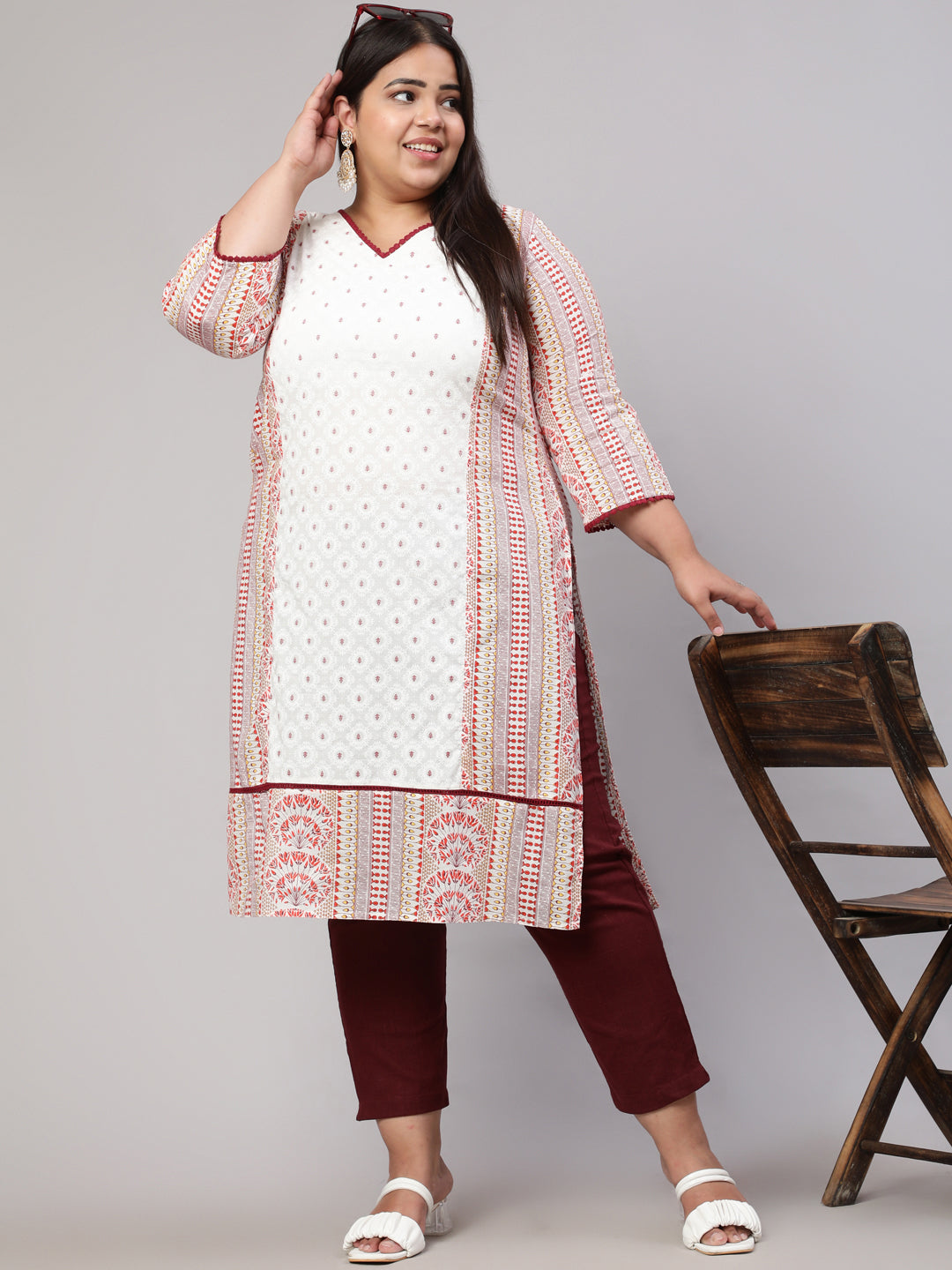 Plus Size White and Maroon Ethnic Printed Straight Kurta