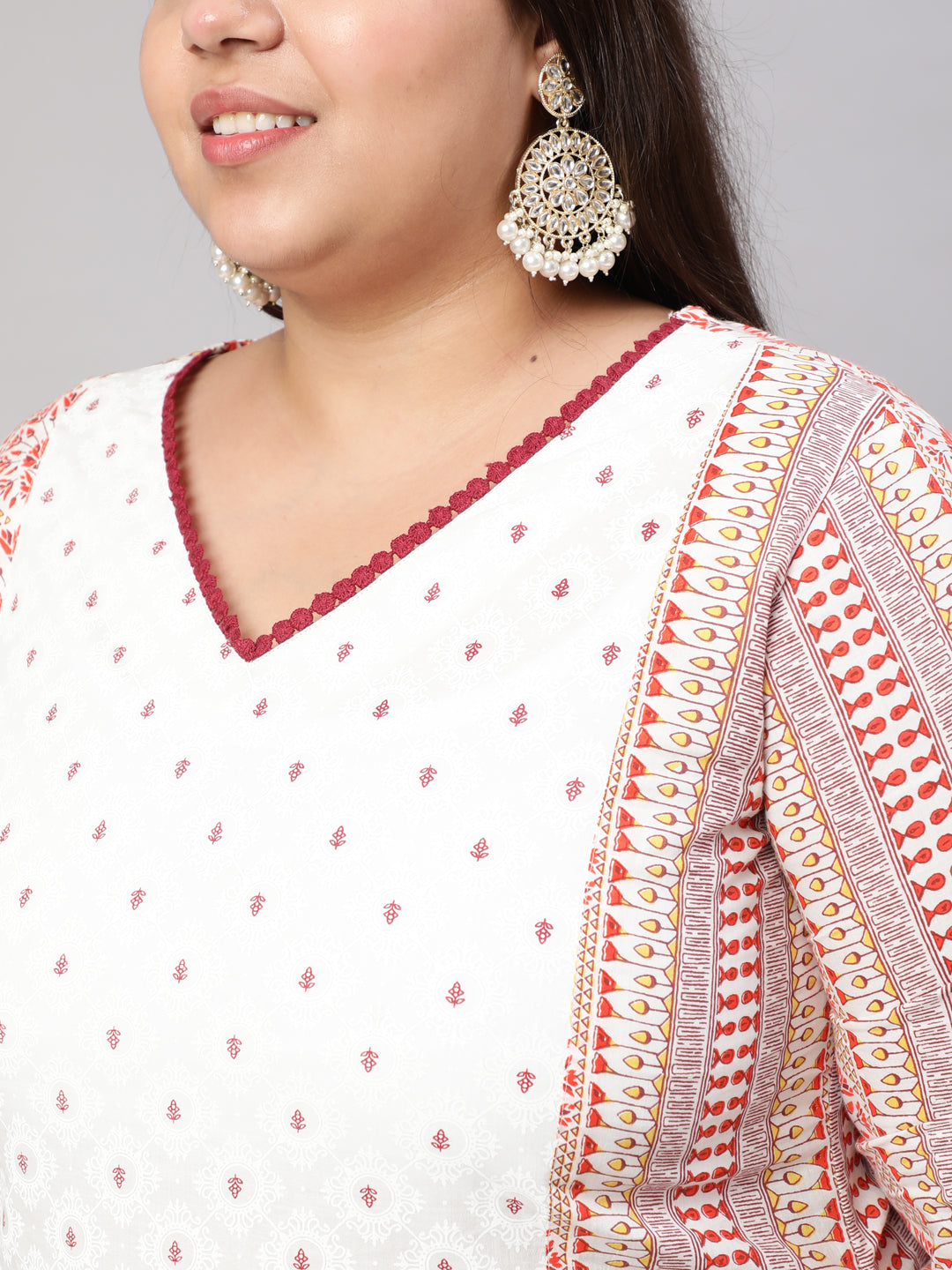 Plus Size White and Maroon Ethnic Printed Straight Kurta