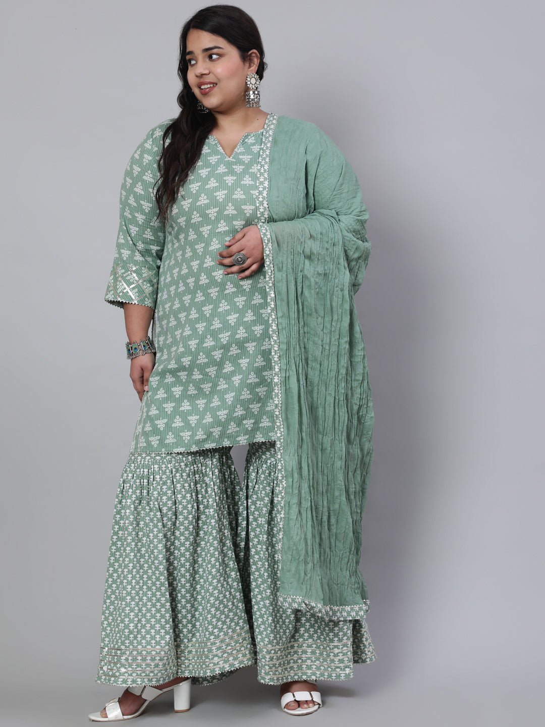 Women Plus Size Green Woven Straight Ethnic Printed Embroidered Kurta With Printed Palazzo & Solid Dupatta With Print And Lace Taping
