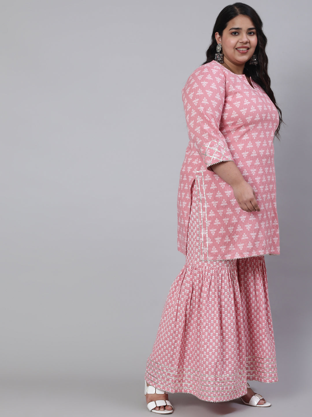 Women Plus Size Pink Woven Straight Ethnic Printed Embroidered Kurta With Printed Palazzo & Solid Dupatta With Print And Lace Taping