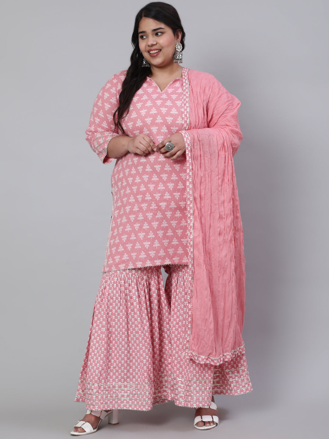 Women Plus Size Pink Woven Straight Ethnic Printed Embroidered Kurta With Printed Palazzo & Solid Dupatta With Print And Lace Taping