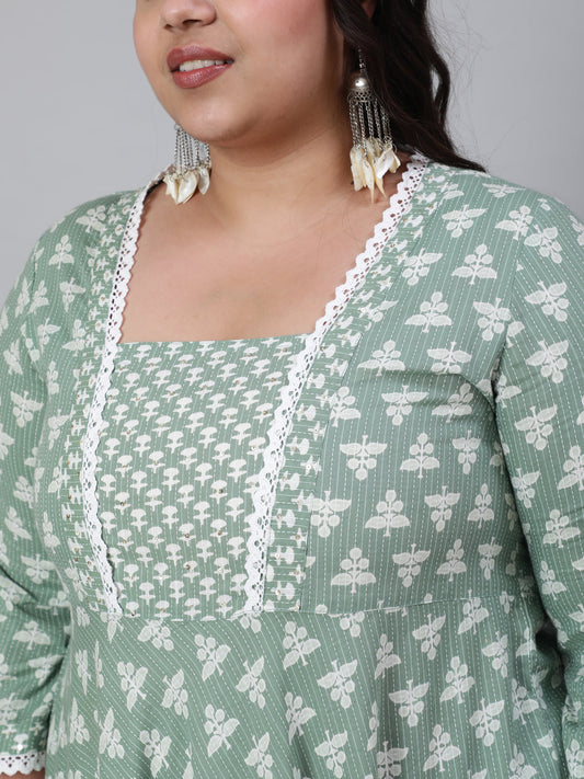 Green Plus Size Woven Ethnic Print Embroidered Flared Laced Kurta With Printed Palazzo