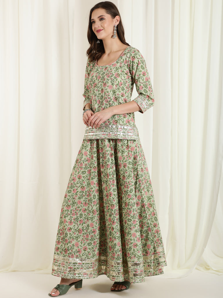 Green Floral Print Short Kurta With Skirt And Dupatta