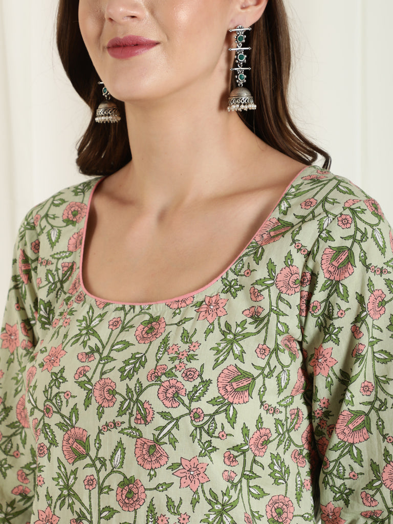 Green Floral Print Short Kurta With Skirt And Dupatta