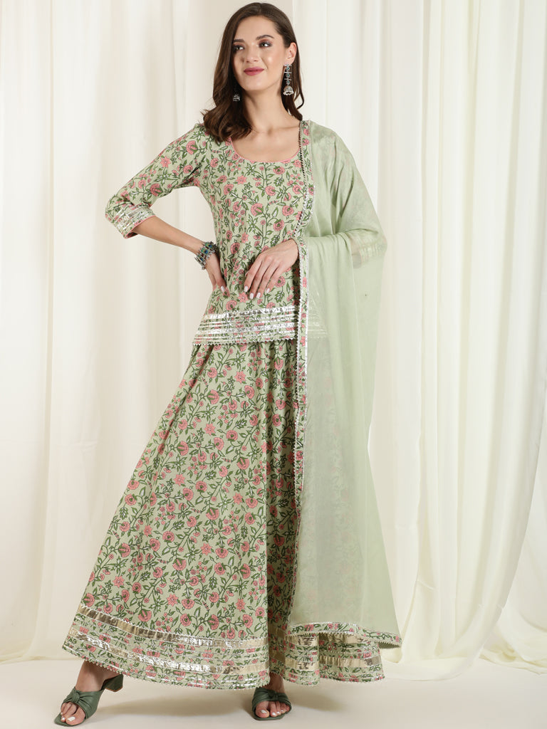 Green Floral Print Short Kurta With Skirt And Dupatta