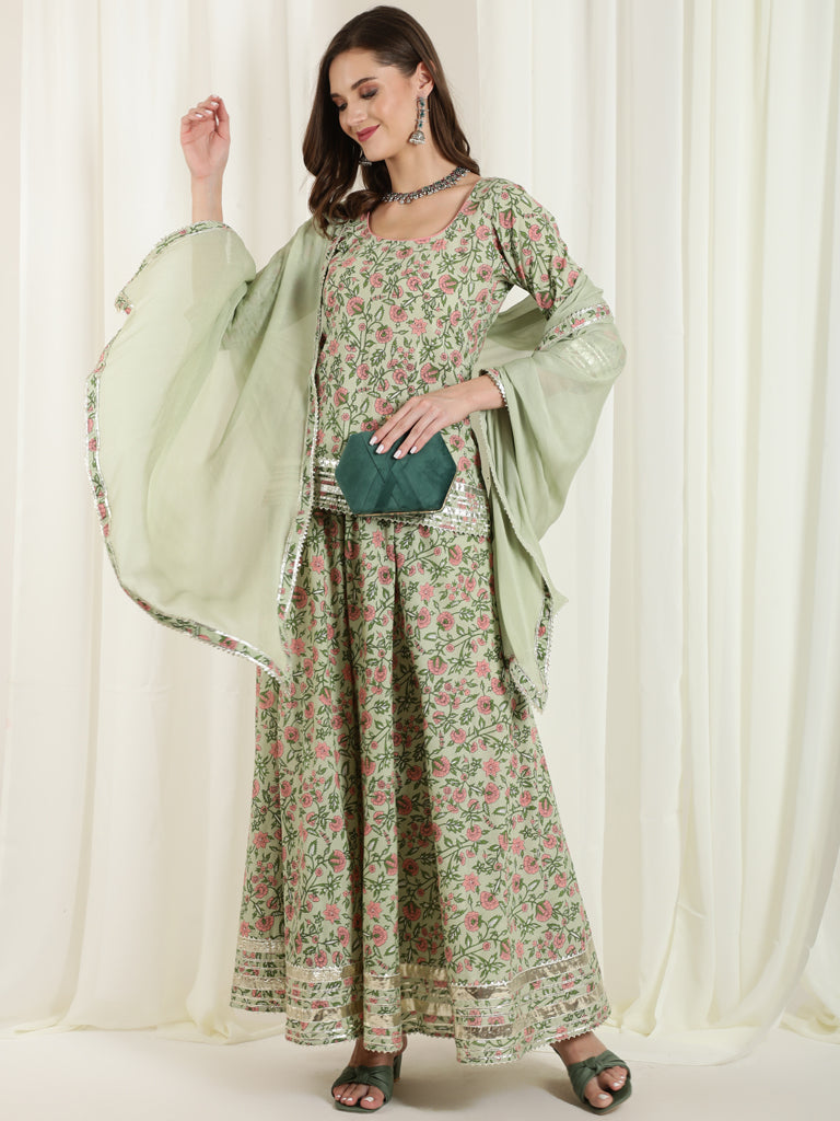 Green Floral Print Short Kurta With Skirt And Dupatta
