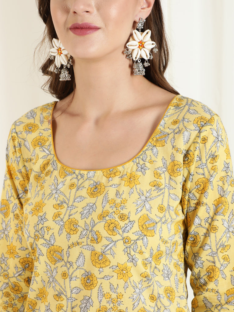 Yellow Floral Print Short Kurta With Skirt And Dupatta