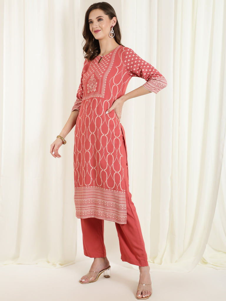 Dusty Peach Placement Printed Straight Kurta With Solid Palazzo And Chinon Dupatta