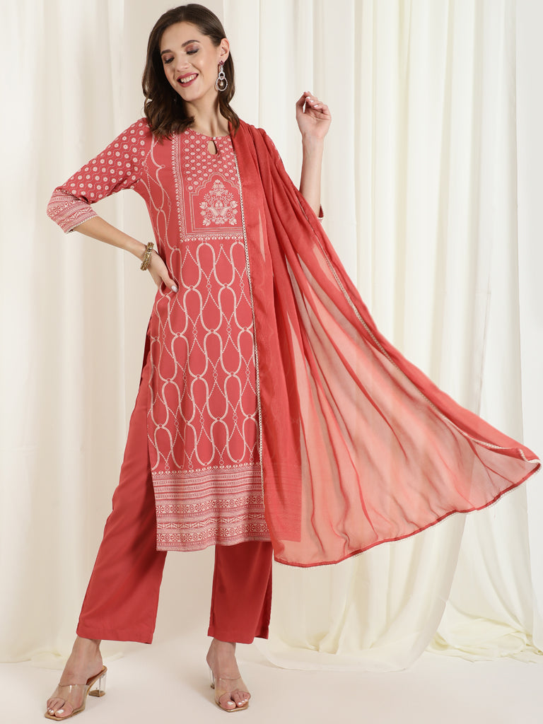 Dusty Peach Placement Printed Straight Kurta With Solid Palazzo And Chinon Dupatta