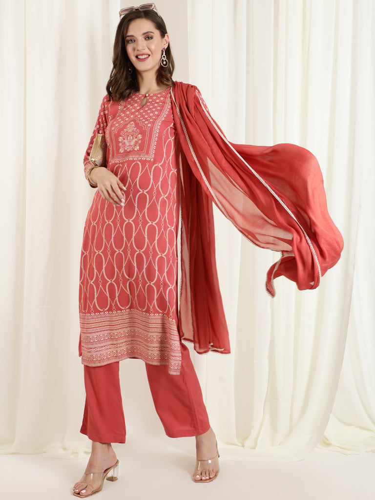 Dusty Peach Straight Kurta With Solid Palazzo And Chinon Dupatta