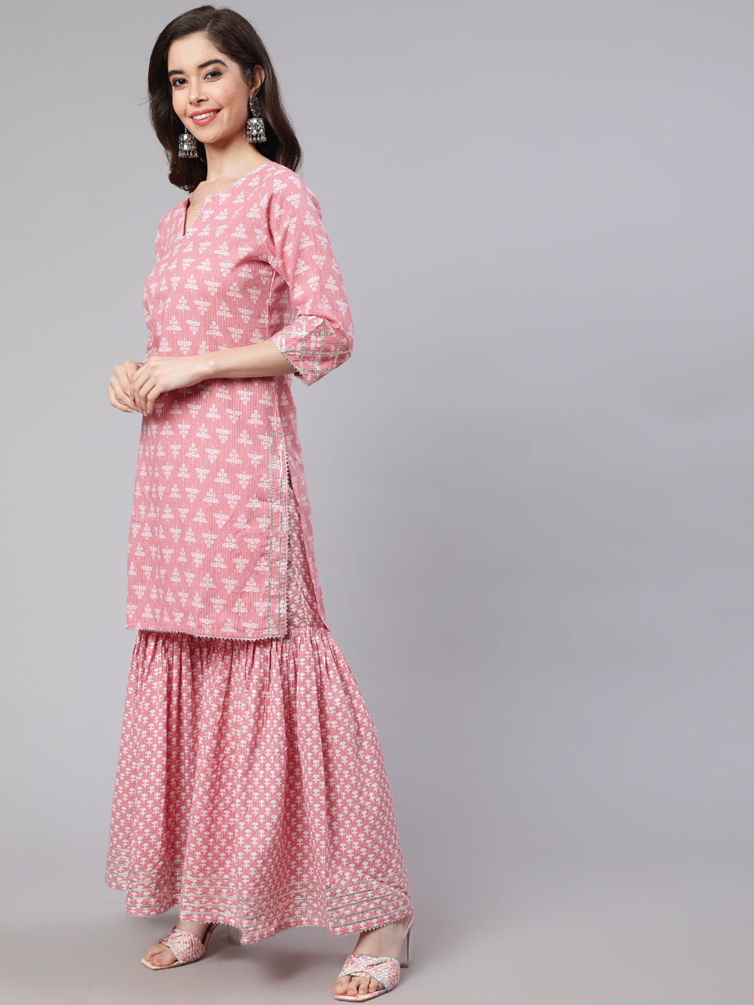 Women Pink Woven Straight ethnic printed Embroidered kurta with Printed Palazzo & Solid Dupatta with print and lace taping