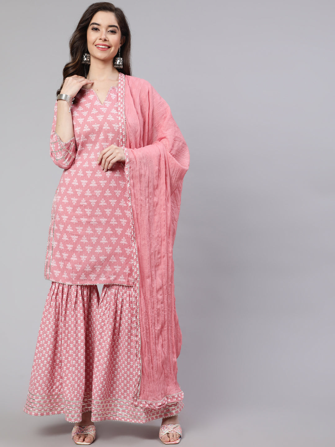 Pink Woven Straight Printed Embroidered Kurta Set With Solid Dupatta