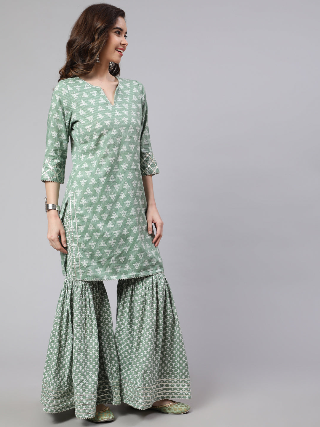 Women Green Woven Straight Ethnic Printed Embroidered Kurta With Printed Palazzo & Solid Dupatta With Print And Lace Taping