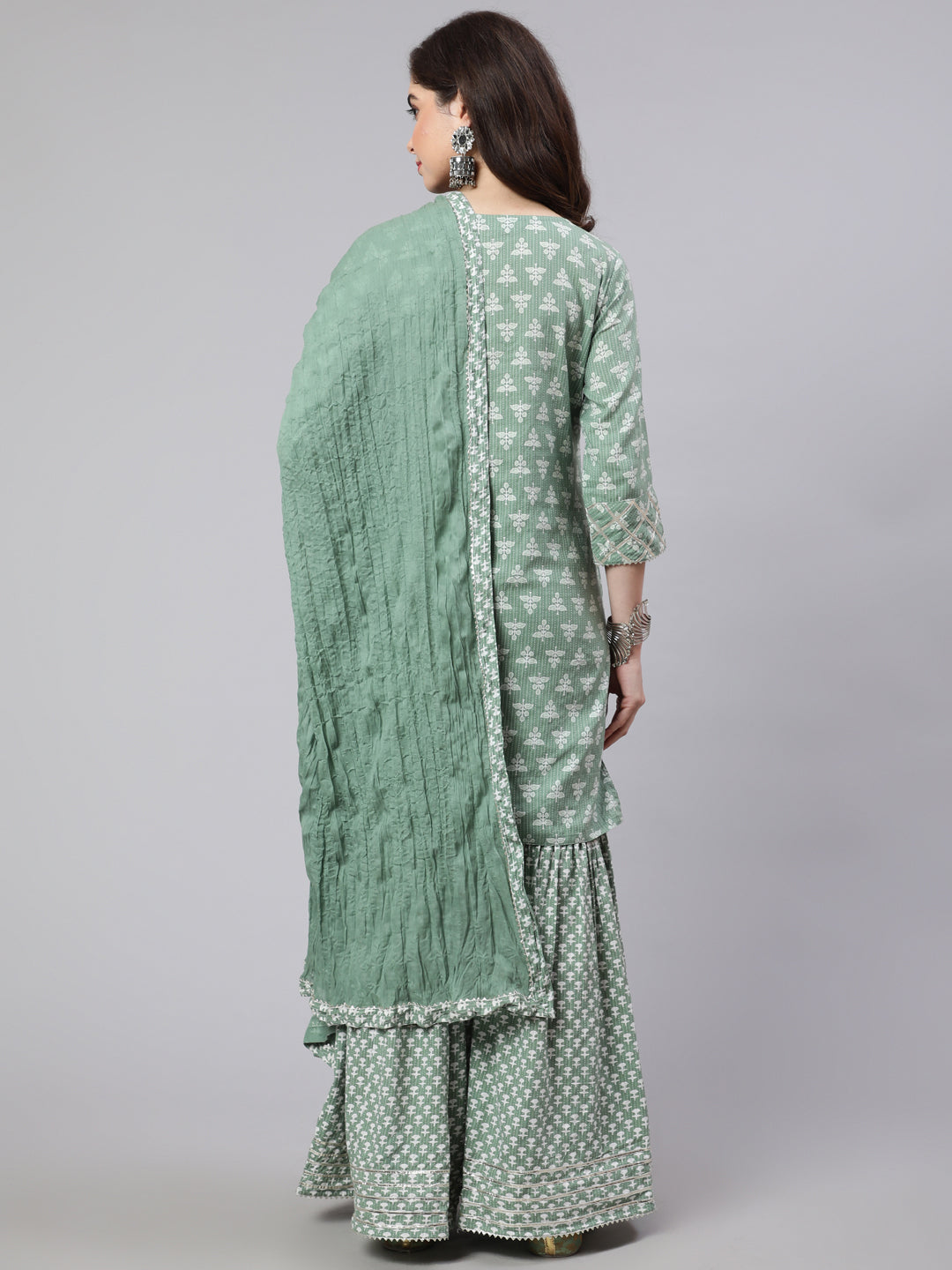 Women Green Woven Straight Ethnic Printed Embroidered Kurta With Printed Palazzo & Solid Dupatta With Print And Lace Taping