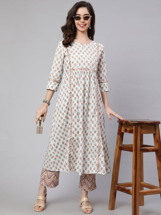 White And  Peach Flared Cotton Embroidered Kurta With Printed Palazzo