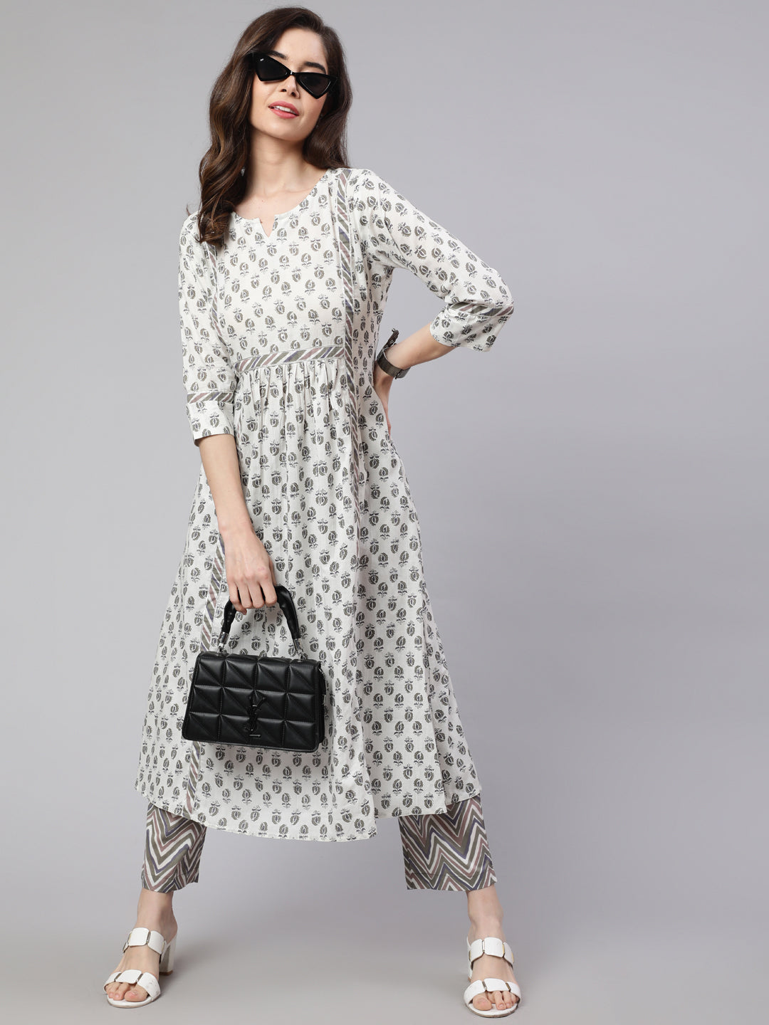 White And  Grey Flared Cotton Embroidered Kurta With Printed Palazzo