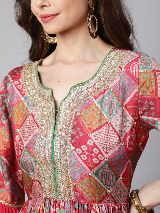 Women Pink Muslin Digital Printed Embroidered Flared Kurta With Solid Dupatta