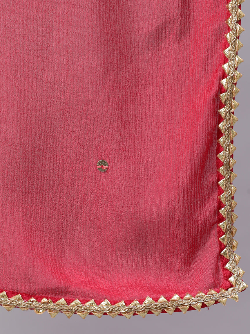 Women Pink Muslin Digital Printed Embroidered Flared Kurta With Solid Dupatta