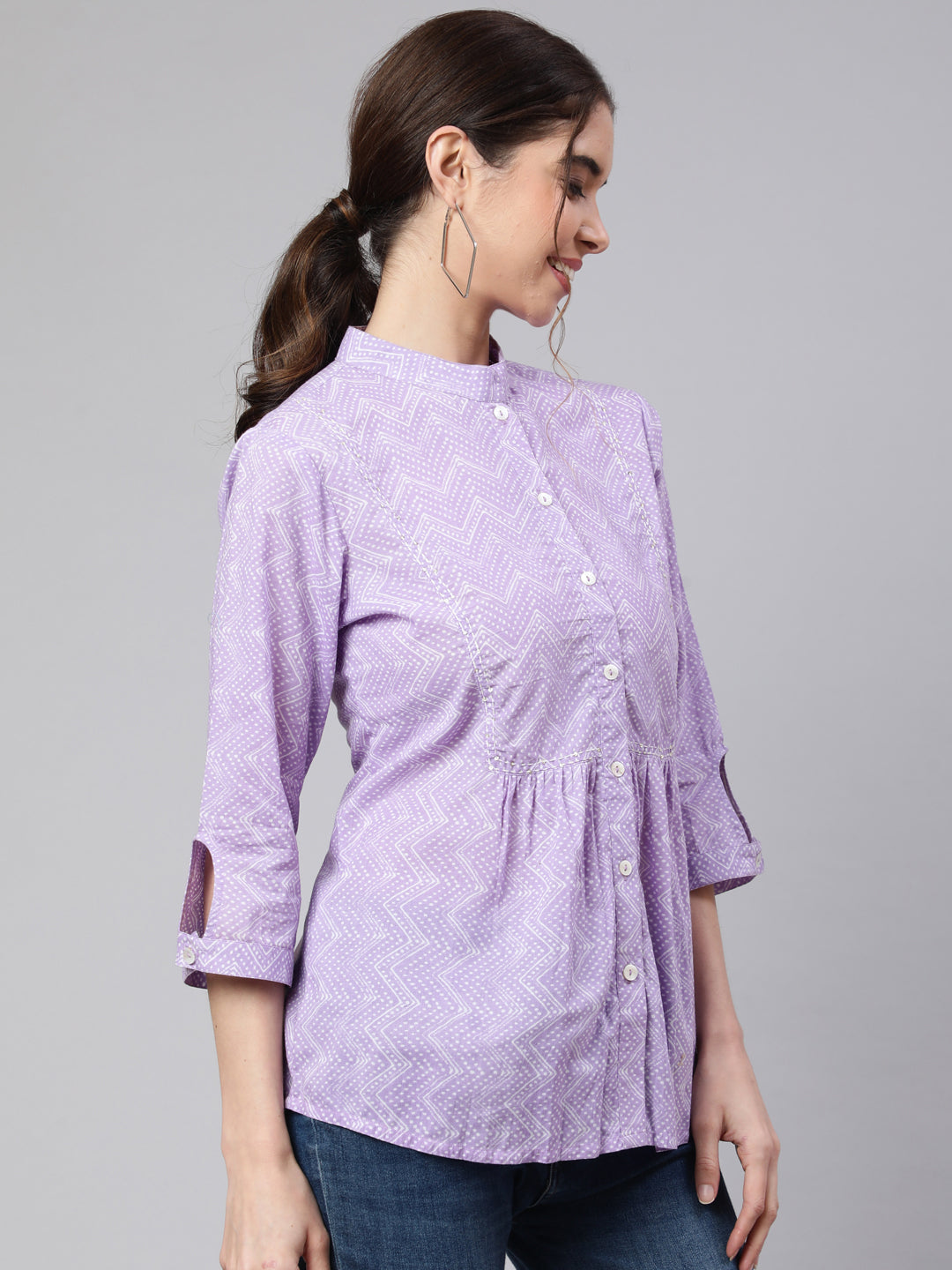 Women Lavender Zigzag Embroidered Printed Ethnic shirt