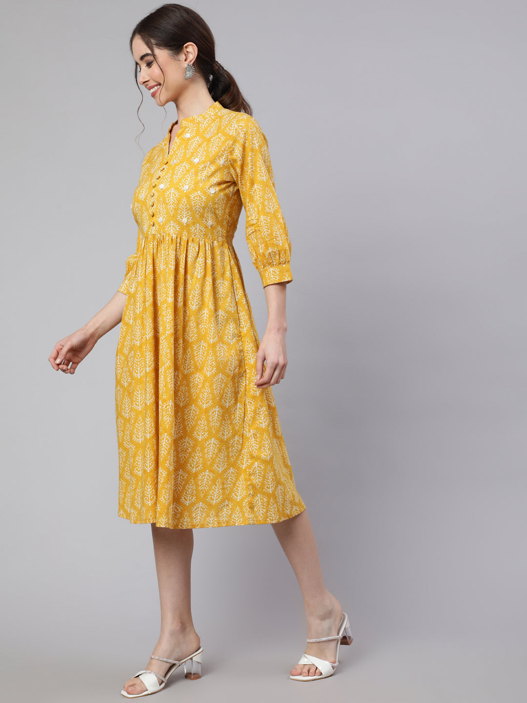 Yellow Ethnic Printed Flared Dress