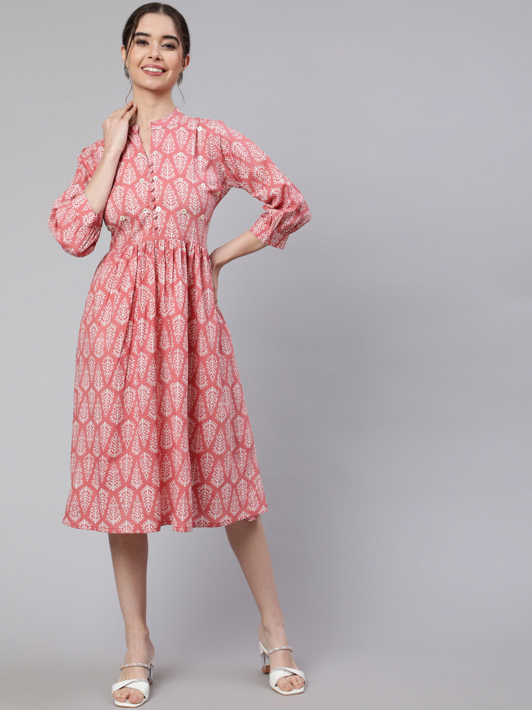 Pink Ethnic Printed Flared Dress
