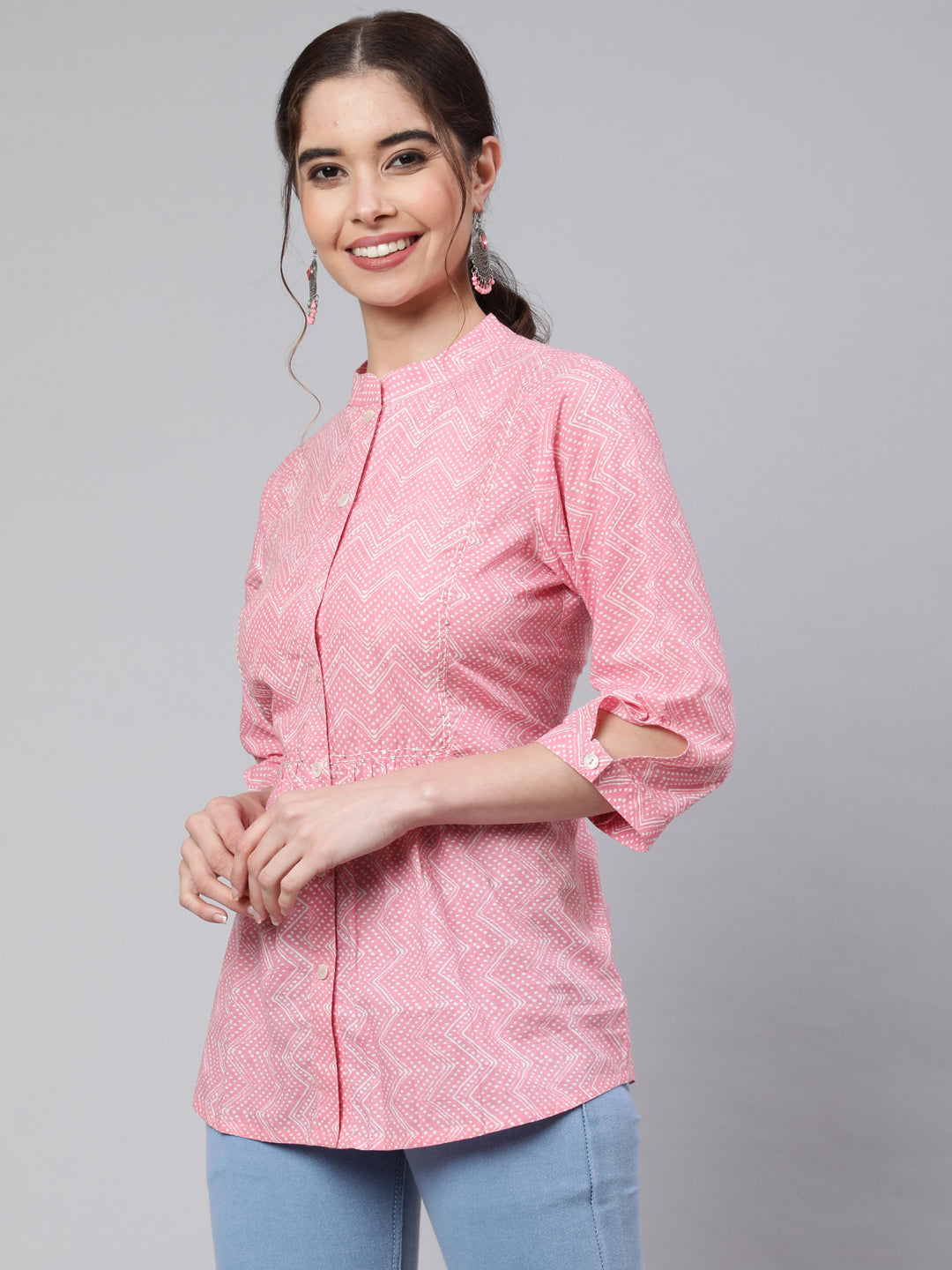 Pink Zigzag Embroidered Printed Ethnic Shirt