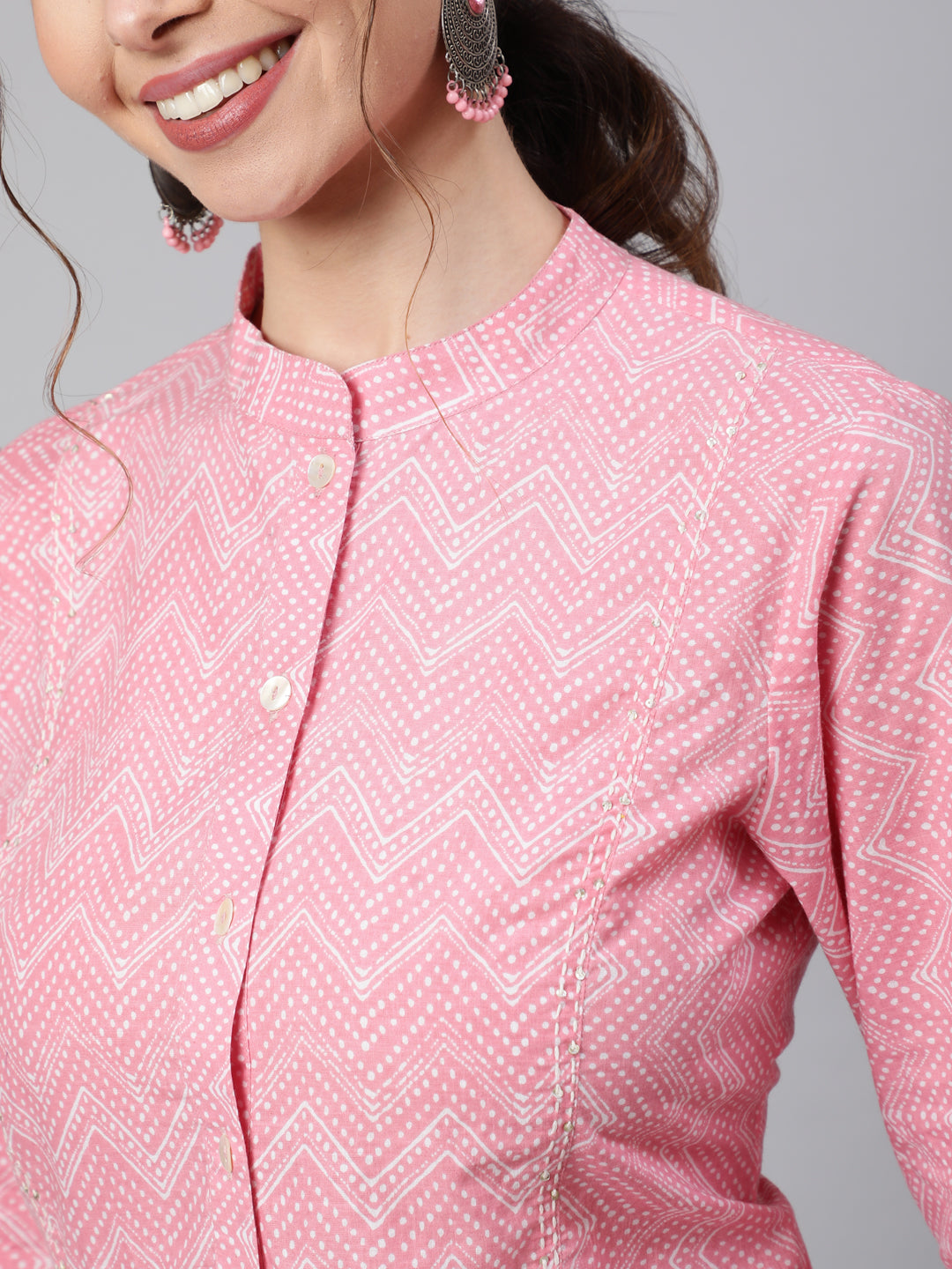 Pink Zigzag Embroidered Printed Ethnic Shirt