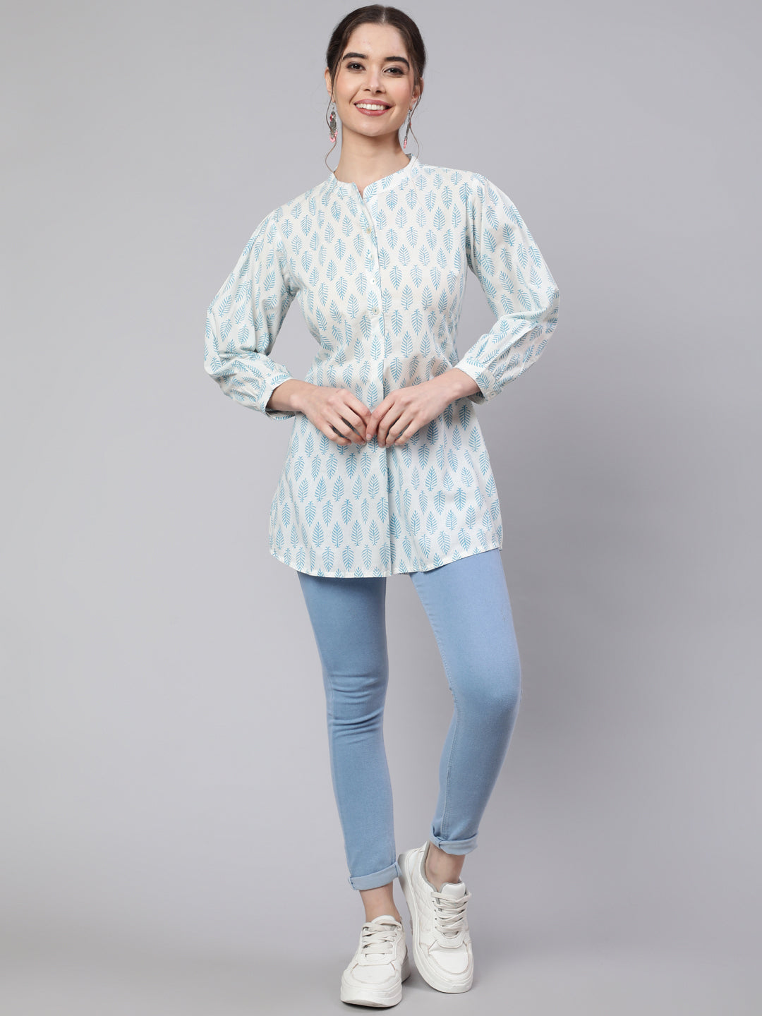 White And Turquoise Blue Printed Pleated Top