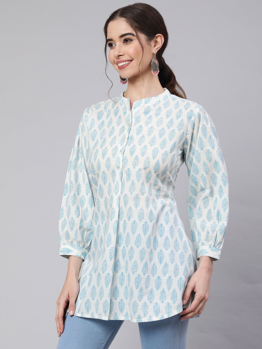 White And Turquoise Blue Printed Pleated Top