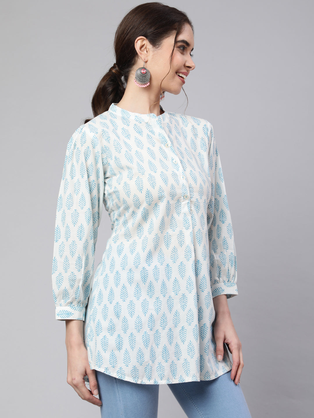 White And Turquoise Blue Printed Pleated Top